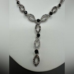 Cookie Lee Silver Tone Chain Dangle Black Clear Crystal Rhinestone Necklace